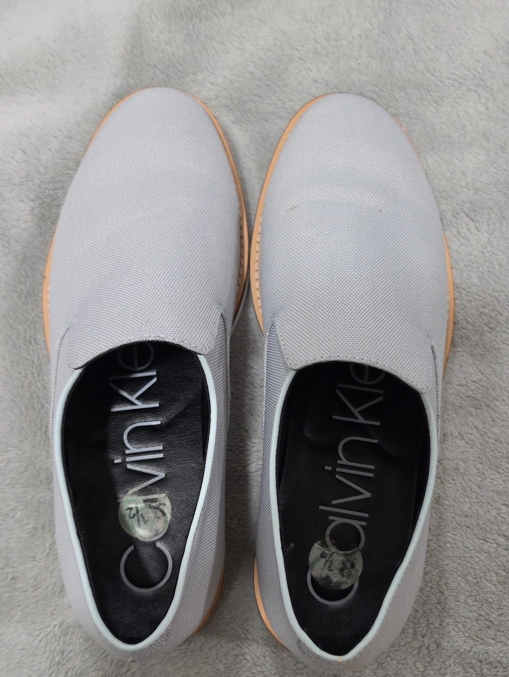Calvin Klein Light Gray Slip-On Loafers with Tan Trim
